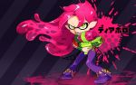  1boy black_lipstick black_nails character_name clenched_teeth diavolo domino_mask finger_on_trigger full_body green_eyes hagikou_(l6lul6l) inkling jojo_no_kimyou_na_bouken lipstick long_hair makeup mask nail_polish paint_splatter pink_hair pointy_ears sharp_teeth solo splatoon striped striped_background super_soaker tattoo tentacle_hair 