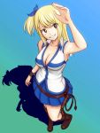  1girl blonde_hair blue_ribbon blue_skirt breasts brown_eyes cleavage fairy_tail hair_ribbon highres looking_at_viewer lucy_heartfilia pleated_skirt ribbon skirt solo yuta_(nvkdighqqs94fg) 