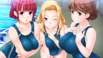  3girls ;) bangs blonde_hair blue_eyes blunt_bangs breast_hold breast_squeeze breasts brown_hair collarbone competition_swimsuit finger_to_mouth game_cg hands_on_own_chest hanekura_tomoe hitozuma_swimming_club ino jewelry kayashima_aki large_breasts leaning_forward long_hair looking_at_viewer multiple_girls nunose_yoshika one-piece_swimsuit one_eye_closed pool raised_eyebrow redhead ring short_hair smile swimsuit violet_eyes wedding_band yellow_eyes 