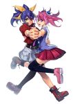  2girls :d belt blue_eyes blue_hair bracelet foreshortening green_eyes hair_ribbon hand_on_another&#039;s_hip hands_clasped highres hiiragi_yuzu holding_hands hug jacket jewelry lazward multicolored_hair multiple_girls necktie open_mouth pink_hair ponytail ribbon school_uniform serena_(yuu-gi-ou_arc-v) short_twintails simple_background sleeveless smile twintails two-tone_hair white_background yuu-gi-ou yuu-gi-ou_arc-v 