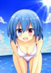  1girl :d akakabu_(obsidian910) beach bikini blue_eyes blue_hair heterochromia highres ocean open_mouth red_eyes short_hair smile solo sunlight swimsuit tatara_kogasa touhou white_swimsuit 