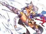  1girl abs animal_ears armored_boots boots braid breasts brown_eyes covered_navel gauntlets granblue_fantasy heles highres holding_weapon kicking long_hair open_mouth polearm sideboob silver_hair solo teeth temmasa22 thigh-highs thigh_boots very_long_hair weapon wolf_ears 