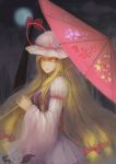  1girl absurdres arm_ribbon big_hair blonde_hair bow breasts clouds cloudy_sky dark dress floral_print full_moon gap hair_bow hat hat_ribbon highres holding_umbrella light lips long_hair long_sleeves mob_cap moon night night_sky nose oriental_umbrella rain reflective_eyes ribbon signature sky smile solo tabard touhou umbrella very_long_hair white_dress wide_sleeves wu_yue_[vulpes] yakumo_yukari yellow_eyes 