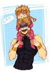  2boys abs anger_vein artist_name blonde_hair carrying dio_brando fangs father_and_son giorno_giovanna green_lipstick heart_print jojo_no_kimyou_na_bouken lipstick makeup male_focus mouth_pull multiple_boys muscle niitsumee pajamas polka_dot polka_dot_background red_eyes shoulder_carry signature wrist_cuffs younger 