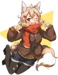  1girl ;d amonitto animal_ears black_legwear blush buttons coat double_v fang fox_ears fox_tail full_body hair_ornament hairclip kitsune long_sleeves looking_at_viewer no_shoes one_eye_closed open_mouth original pantyhose paw_print red_eyes red_scarf scarf short_hair shorts smile solo tail v winter_clothes winter_coat 