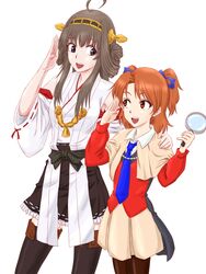  2girls :d ahoge anbj black_legwear bow brown_eyes brown_hair brown_legwear crossover detached_sleeves double_bun hair_bow hair_ribbon hairband height_difference holding kantai_collection kongou_(kantai_collection) long_hair magnifying_glass multiple_girls nontraditional_miko open_mouth pantyhose pleated_skirt ribbon salute sister_princess skirt smile two_side_up yotsuba_(sister_princess) 