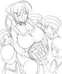  1girl apron breasts hair_ribbon huge_breasts kantai_collection kloah mamiya_(kantai_collection) multiple_boys ribbon sketch smile snack 