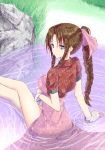  1girl aerith_gainsborough aramachi blue_eyes brown_hair dress final_fantasy final_fantasy_vii hair_ribbon highres long_hair looking_at_viewer partially_submerged ponytail ribbon sidelocks solo very_long_hair wet 