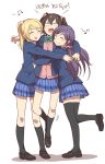  3girls ^_^ akni ayase_eli black_hair black_legwear blank_eyes blazer blonde_hair bowtie cardigan closed_eyes girl_sandwich group_hug hair_ornament hair_scrunchie hug kneehighs korean lifting_person loafers long_hair love_live!_school_idol_project low_twintails multiple_girls musical_note open_mouth pleated_skirt ponytail purple_hair sandwiched school_uniform scrunchie shoes short_hair skirt smile standing standing_on_one_leg thigh-highs toujou_nozomi twintails yazawa_nico 