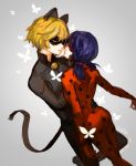  1boy 1girl animal_ears bell blonde_hair blue_hair bodysuit butterfly cat_ears chat_noir closed_eyes domino_mask felix_(miraculous_ladybug) hair_ribbon height_difference hetero incipient_kiss ladybug_(character) linghetuen long_hair low_twintails magical_girl marinette_cheng mask miraculous_ladybug polka_dot ribbon short_hair superhero twintails waist_hold 