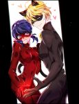  1boy 1girl against_wall animal_ears bell blonde_hair blue_eyes blush bodysuit cat_ears chat_noir domino_mask embarrassed felix_(miraculous_ladybug) green_sclera heart ladybug_(character) long_hair magical_girl marinette_cheng mask miraculous_ladybug nanette_(krowaze) polka_dot short_hair skin_tight small_breasts superhero toned twintails 