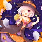 &gt;_&lt; 1girl ;o belt blush bow bracelet breasts buttons candy cleavage closed_eyes collarbone cowboy_shot ghost glint halloween halloween_costume happy_halloween hat hat_bow holding_food jack-o&#039;-lantern jewelry looking_at_viewer navel_cutout one_eye_closed open_mouth orange_bow original pink_eyes pink_hair pumpkin sanotsuki short_hair solo star sweets v witch_hat 