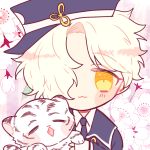  1boy :3 closed_eyes diamond_mouth fang flower gokotai gokotai&#039;s_tigers hair_over_one_eye hat looking_at_viewer lowres male_focus open_mouth short_hair solo tete_(tetenim) tiger tiger_cub touken_ranbu upper_body white_tiger yellow_eyes 