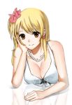  1girl blonde_hair breasts brown_eyes cleavage fairy_tail flower hair_flower hair_ornament jewelry looking_at_viewer lucy_heartfilia necklace simple_background smile solo white_background yue_(pixiv4635680) 