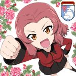  1girl :d arm_up black_legwear clenched_hand cup floral_background flower foreshortening girls_und_panzer hand_on_hip kneehighs long_sleeves looking_at_viewer nekota_susumu open_mouth orange_eyes pink_hair pink_rose pleated_skirt rose rosehip school_uniform short_hair skirt smile solo teacup teapot white_background 