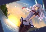  1girl absurdres dutch_angle gloves highres kantai_collection lighthouse murakumo_(kantai_collection) pantyhose silver_hair sketch slm solo sunset thighband_pantyhose water wet yellow_eyes 