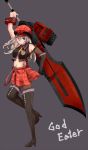  1girl alisa_ilinichina_amiella arm_up armpits blue_eyes boots breasts cabbie_hat elbow_gloves fingerless_gloves gloves god_eater hat huge_weapon large_breasts long_hair navel pantyhose plaid silver_hair skirt solo suspender_skirt suspenders thigh-highs thigh_boots under_boob weapon 