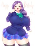  1girl :d black_legwear blush breasts bukatsu_(clubactivity) buttons green_eyes happy_birthday huge_breasts long_hair long_sleeves love_live!_school_idol_project low-tied_long_hair open_mouth ponytail purple_hair school_uniform simple_background skirt smile solo thigh-highs toujou_nozomi uniform white_background zettai_ryouiki 