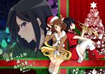  absurdres antlers black_hair boots brown_eyes brown_hair christmas christmas_tree dress euphonium glasses hare_(hal0331) hat hibike!_euphonium highres instrument kousaka_reina long_hair oumae_kumiko ponytail reindeer_antlers reindeer_ears santa_hat short_hair tanaka_asuka thigh-highs trumpet violet_eyes 