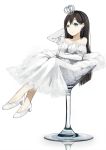  1girl bare_shoulders black_hair blue_eyes cocktail_glass crown cup dress drinking_glass earrings elbow_gloves gloves highres jewelry levi9452 long_hair looking_at_viewer minigirl original sitting sketch solo white white_dress white_gloves 