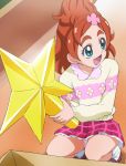  1girl :d go!_princess_precure green_eyes haruno_haruka haruyama_kazunori open_mouth panties pink_panties pink_skirt plaid plaid_skirt precure redhead short_hair skirt smile socks solo squatting star sweater underwear 