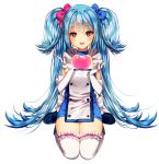  1girl :d blue_bow blue_hair blush boots bow choker collarbone elbow_gloves frills full_body gabe_(seelunto) gloves hair_bow head_tilt heart long_hair looking_at_viewer open_mouth original pink_bow pink_eyes seiza simple_background sitting smile solo thigh-highs twintails very_long_hair white_background white_gloves white_legwear 