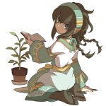  1girl book braid harvest_moon harvest_moon:_connect_to_a_new_land hobohochi licorice_(story_of_seasons) plant potted_plant ribbon solo thigh-highs 