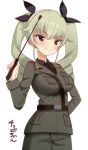  1girl anchovy blush brown_eyes drill_hair girls_und_panzer hair_ribbon kemu_(pixiv463430) long_hair looking_at_viewer military military_uniform necktie ribbon riding_crop smile solo twin_drills twintails uniform 