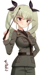  1girl anchovy blush brown_eyes drill_hair girls_und_panzer hair_ribbon kemu_(pixiv463430) long_hair looking_at_viewer military military_uniform necktie ribbon riding_crop smile solo twin_drills twintails uniform 