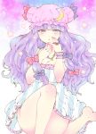  1girl bad_hands bad_leg big_hair blue_eyes blush bow breasts cleavage clouds crescent_moon_pin gradient_eyes hair_bow hand_on_own_face hands_up hat hips jewelry large_breasts long_hair looking_at_viewer medo_kyun mob_cap multicolored_eyes necklace nightgown patchouli_knowledge purple_hair shiny shiny_hair sitting solo squinting star star_(sky) strap_slip striped_clothes thighs touhou very_long_hair violet_eyes 