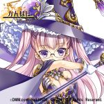  1girl annalina_rehn breasts cape cleavage copyright_name frills glasses gloves hat kanpani_girls keroyon lavender_hair logo long_hair official_art solo staff two_side_up violet_eyes white_background white_gloves witch_hat 