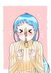  &gt;_&lt; 1girl alternate_costume blue_hair blush clenched_hands closed_eyes flying_sweatdrops kantai_collection long_hair mouth_hold pocky pocky_day samidare_(kantai_collection) sweater yokoshima_(euphoria) 