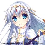  1girl blue_eyes kanpani_girls kristin_fee long_hair lowres official_art smile solo taletale tiara upper_body wand white_background white_hair 