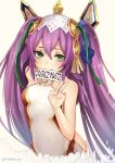  1girl bare_shoulders blush covered_navel green_eyes hair_between_eyes hair_ornament highres lakshmi_(p&amp;d) long_hair looking_at_viewer mouth_hold purple_hair puzzle_&amp;_dragons sketch smile solo twintails twitter_username v very_long_hair yukihama 