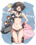  5girls :d ahoge akiyama_yukari ban bangs bikini black_bikini black_gloves black_hair blunt_bangs brown_eyes brown_hair closed_eyes detached_collar girls_und_panzer gloves groin hairband highres isuzu_hana kneeling long_hair looking_at_viewer military military_vehicle multiple_girls navel necktie nishizumi_miho open_mouth orange_hair reizei_mako salute short_hair small_breasts smile swimsuit takebe_saori tank vehicle 