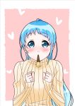  1girl alternate_costume blue_eyes blue_hair blush clenched_hands heart kantai_collection long_hair looking_at_viewer mouth_hold pocky pocky_day samidare_(kantai_collection) sweater yokoshima_(euphoria) 