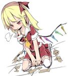  1girl blonde_hair blush commentary_request dress flandre_scarlet hair_ribbon no_hat noya_makoto off_shoulder pointy_ears red_dress red_eyes ribbon side_ponytail sitting solo tape thigh-highs thighs touhou v_arms wariza white_legwear wings zettai_ryouiki 