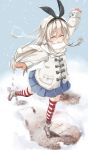  1girl blonde_hair gloves hairband jacket kantai_collection long_hair scarf seki_(l0410706268) shimakaze_(kantai_collection) skirt smile snow solo 