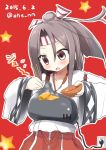  1girl ahenn bowl brown_eyes brown_hair chopsticks cooking hachimaki hakama headband holding japanese_clothes kantai_collection muneate omelet ponytail solo tamagoyaki zuihou_(kantai_collection) 