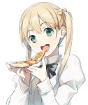  1girl :d black_bow black_bowtie bow bowtie colored_eyelashes eating food hair_beads holding_food ibarazaki_emi katawa_shoujo long_hair long_sleeves looking_at_viewer open_mouth pizza shirt simple_background smile solo teeth twintails upper_body weee_(raemz) white_background white_shirt 