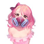  1girl absurdres brown_eyes doyoom eyelashes flower gas_mask heart heart-shaped_pupils highres looking_at_viewer off_shoulder pink_clothes pink_hair short_hair solo symbol-shaped_pupils tears upper_body 