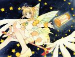  1girl :d antenna_hair blonde_hair bloomers brown_hair butterfly_wings cardcaptor_sakura detached_sleeves dress fuuin_no_tsue gem green_eyes hair_ornament hourglass kinomoto_sakura magical_girl official_style open_mouth petticoat riding short_hair short_twintails shuangnanhuo smile solo star traditional_media twintails underwear wand watercolor_(medium) wings yellow_dress 