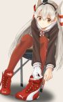  1girl amatsukaze_(kantai_collection) girl gloves hairband highres kantai_collection long_hair remil shoes silver_hair smile solo tying_shoes 