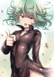  1girl black_dress blue_eyes dress floating_rock green_hair looking_at_viewer onepunch_man open_mouth short_hair solo tai_(nazutai) tatsumaki 