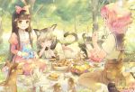  3girls animal_ears apple banana basket black_hair blue_eyes bow brown_eyes brown_hair cat_ears cat_tail cup deer dog_ears dog_tail dress food forest fork fruit grapes green_eyes hair_bow long_hair lying mary_janes mouth_hold multiple_girls nature no_shoes on_stomach original picnic pink_hair rabbit sailor_collar shoes short_hair sitting skirt smile socks squirrel striped striped_legwear suspenders tagme tail teacup teapot tree wavy_hair xiangtu 