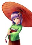  1girl blush flower hair_flower hair_ornament hieda_no_akyuu japanese_clothes long_sleeves looking_at_viewer ooka_shippo oriental_umbrella red_eyes short_hair simple_background skirt smile solo touhou umbrella upper_body violet_eyes white_background wide_sleeves 