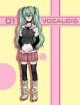  1girl black_legwear boots camisole casual choker collarbone copyright_name fashion fuku_(mahoeshi) full_body green_eyes green_hair hands_in_pockets hatsune_miku hood_down hoodie jitome long_hair looking_at_viewer pleated_skirt raglan_sleeves skirt small_breasts solo spaghetti_strap thigh-highs twintails vocaloid zettai_ryouiki 