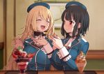  2girls :d ascot atago_(kantai_collection) bangs beret black_hair blonde_hair blunt_bangs blurry blush breasts closed_eyes commentary_request depth_of_field eyelashes feeding food fruit hat holding holding_spoon ice_cream indoors kantai_collection large_breasts long_hair long_sleeves looking_at_another military military_uniform multiple_girls omaru_gyuunyuu open_mouth parfait red_eyes short_hair side-by-side smile spoon strawberry table takao_(kantai_collection) uniform 