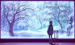  1girl backlighting chair coat from_behind hiko_(scape) original rabbit scenery short_hair snow snowing solo tree 