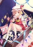 1girl apple ascot blonde_hair bow coffin dress flandre_scarlet flower food fruit fukahire_sanba hat hat_bow md5_mismatch mob_cap open_mouth puffy_short_sleeves puffy_sleeves red_dress red_eyes revision shirt short_sleeves side_ponytail sitting smile solo touhou wings wrist_cuffs 